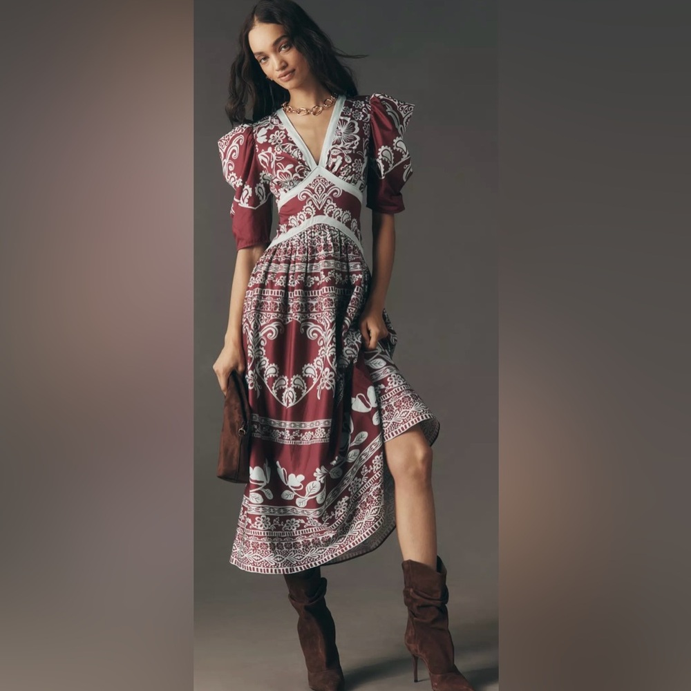 FARM RIO X ANTROPOLOGIE PRINTED V-NECK PUFF-SLEEVE MAXI DRESS NWT M *sold out*